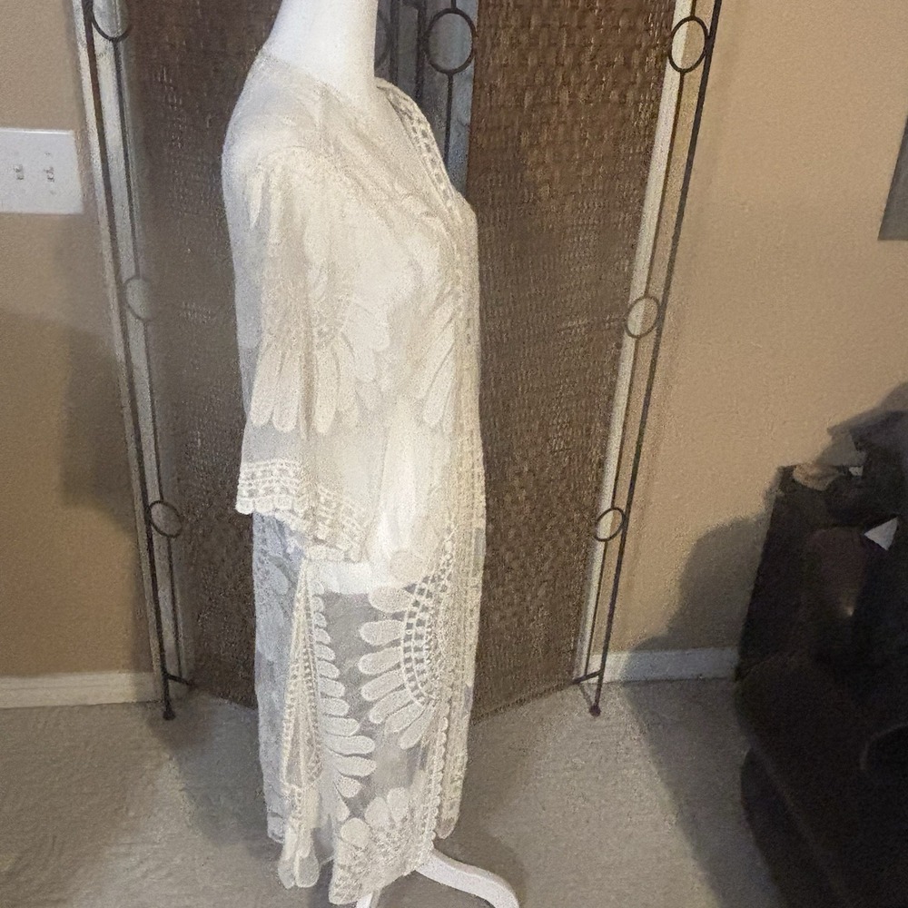 Rebellion Again Sz S Ivory Lace Sheer Kimono Duster Cardigan Boho Embroidered - Picture 5 of 12
